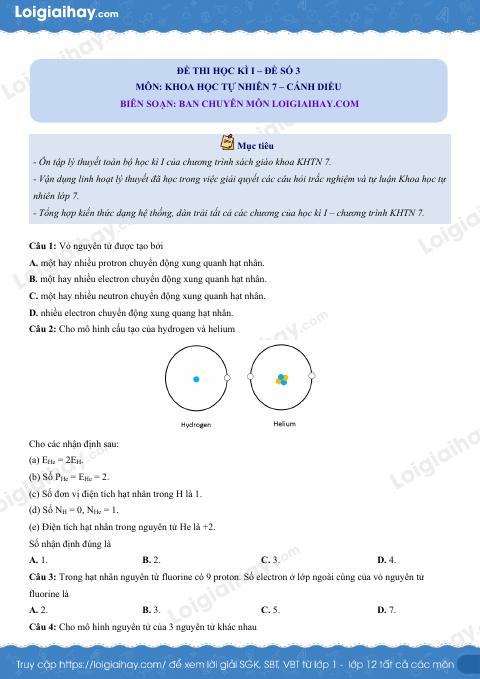 Đề thi học kì 1 KHTN 7 Cánh diều - Đề số 3